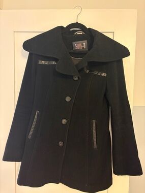 Mackage Black Wool Blend Pea Coat with Wide Shawl Collar